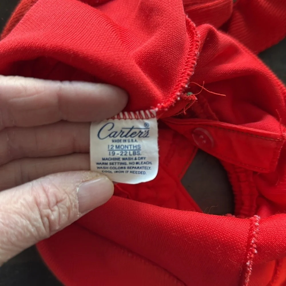 VTG 12m Carters red white heart green stitching baby overall holiday Christmas